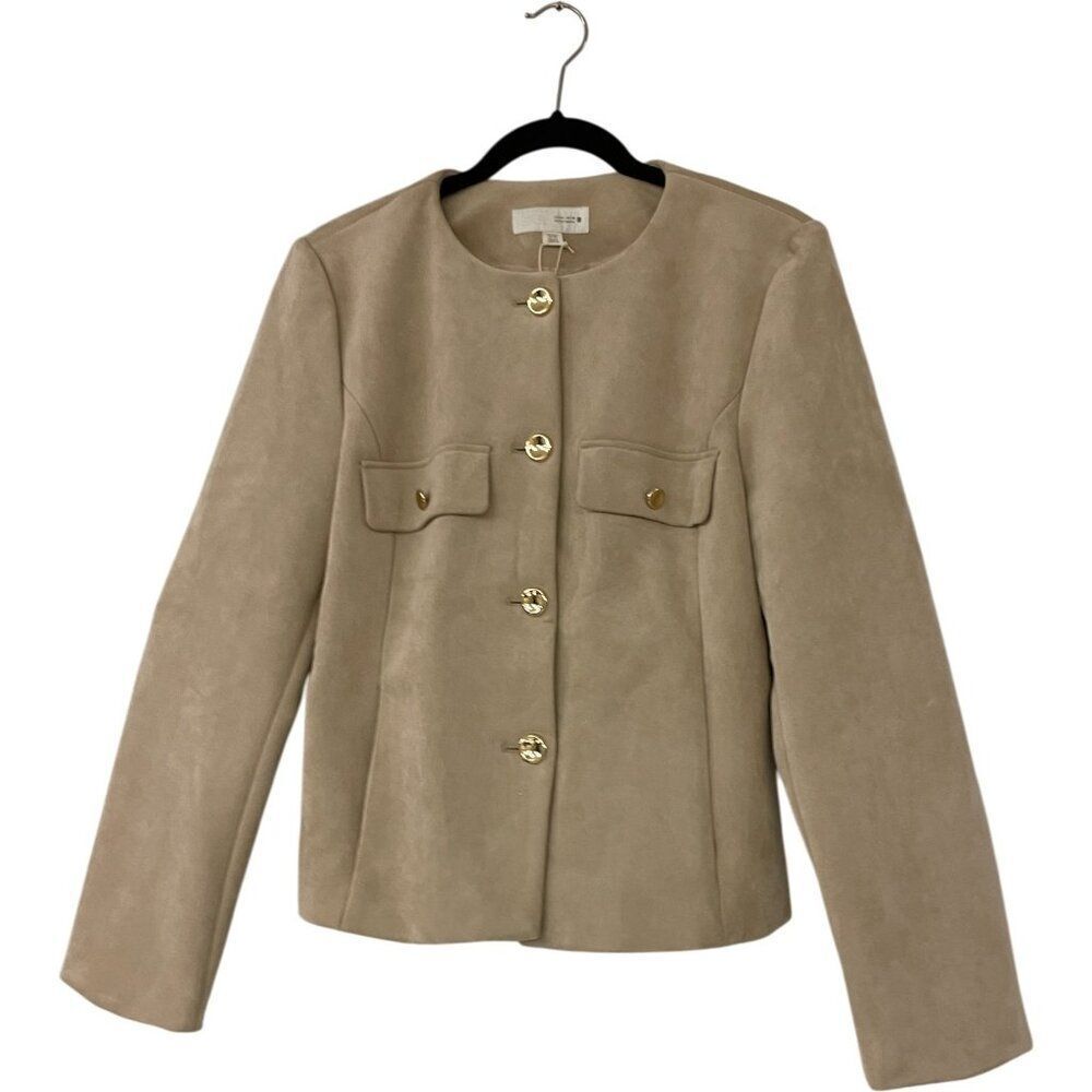 Zara Womens Blazer Large Beige Faux Suede Lined Button Front Jacket 8741/260 NWT